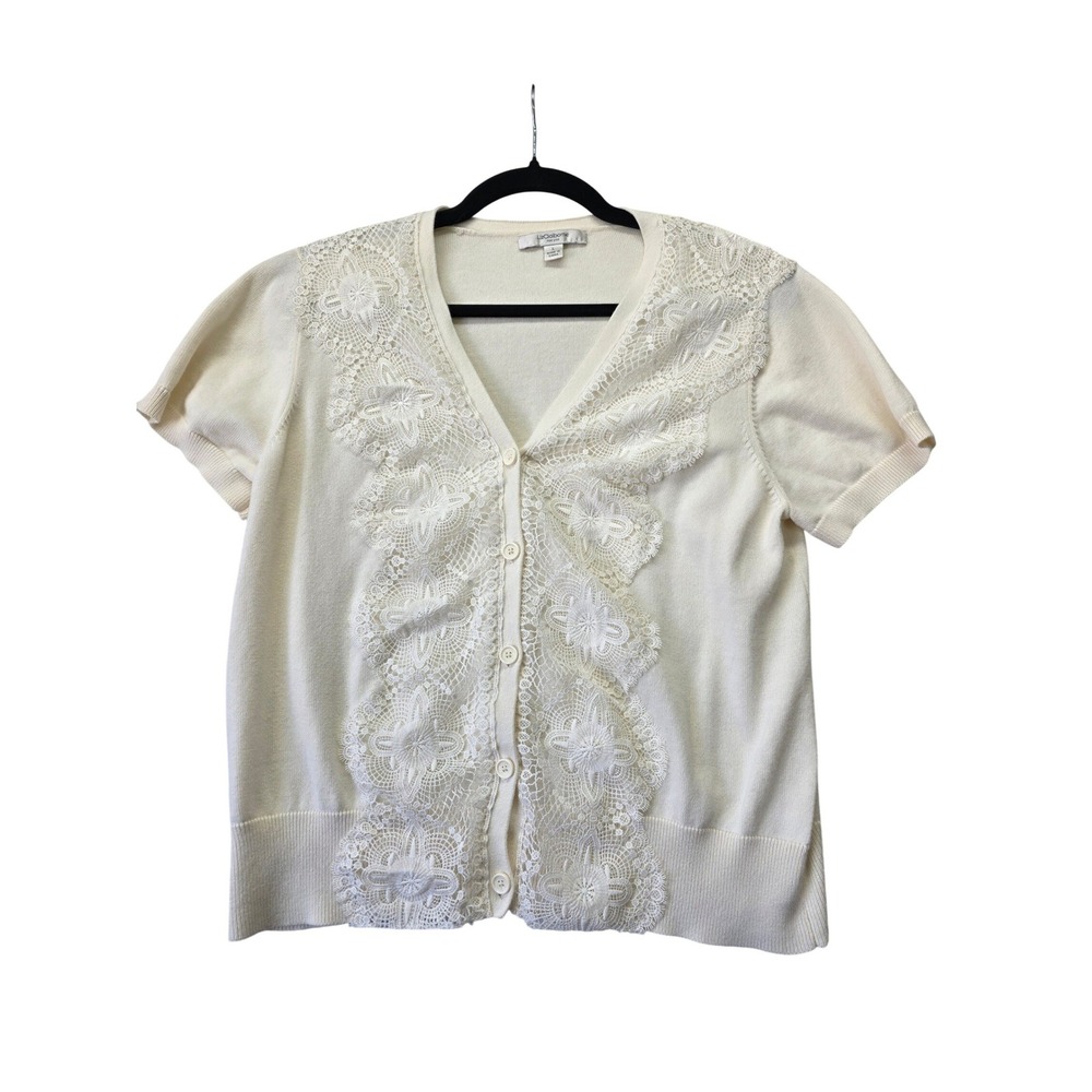Liz Claiborne Cream Lace Short Sleeve Cardigan Sweater Womens Large